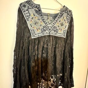 Free People Crocheted Lace Boho Embellished Top